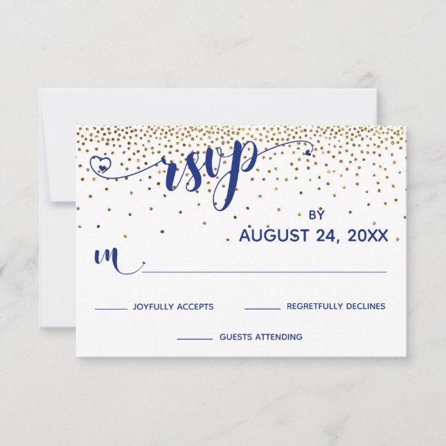 Marine RSVP Calligraphy with Hearts, Gold Confetti (Devant)