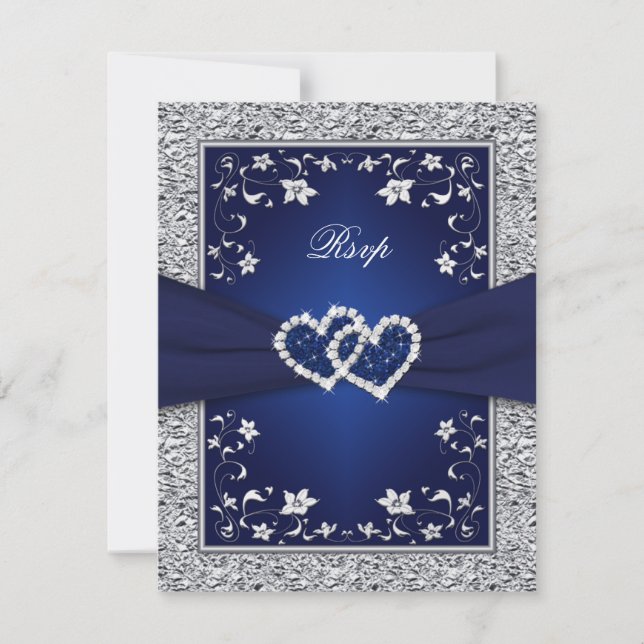 Marine Silver Floral Hearts FAUX Foil Wedding RSVP (Devant)