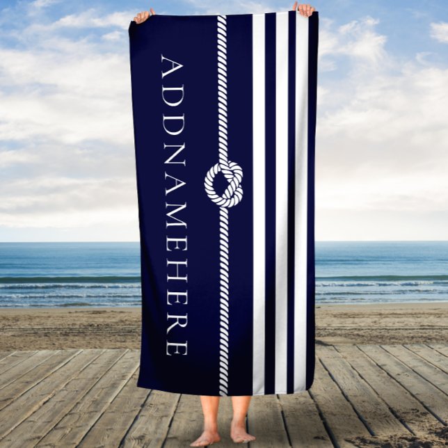 Marine Stripes & corde Nom personnalisé Serviette  (Créateur téléchargé)