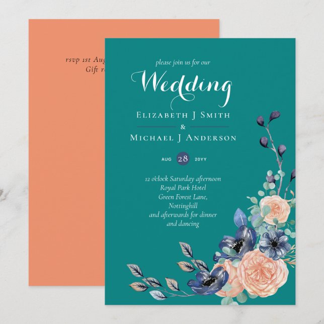 Marine turquoise Coral Floral Budget Mariage papet (Devant / Derrière)