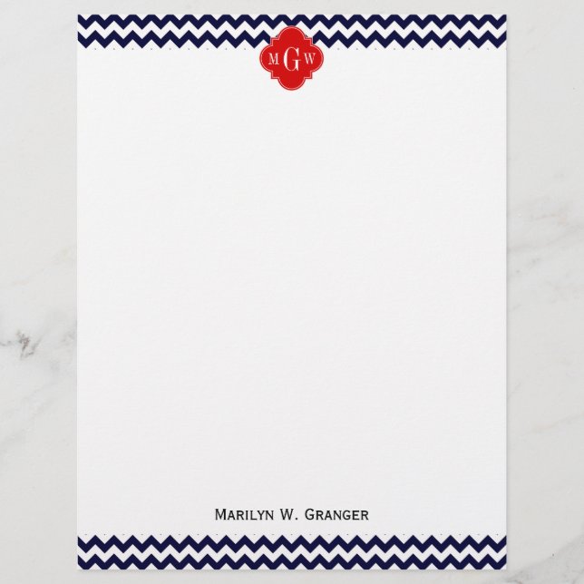 Marine White Chevron Red Quatrefoil 3 Monogramme (Devant)
