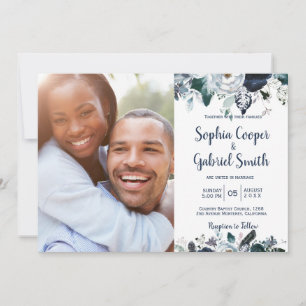 Marine White Floral Photo Invitations de mariage