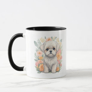 Marionnette maltaise mignonne avec Mug de fleurs d