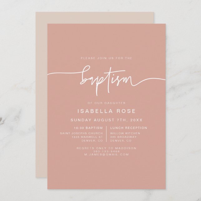 MARLO Boho Blush Pink Baptism Invitation (Devant / Derrière)