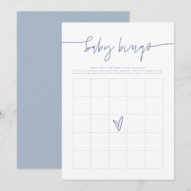 MARLO Boho Dusty Blue Baby shower Bingo Carte de j (Devant / Derrière)