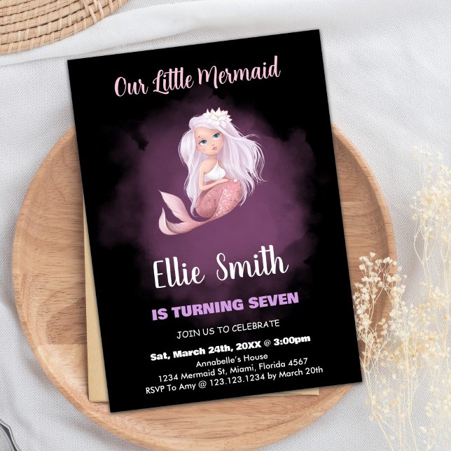 Marmaid à queue de cuivre noir Invitations d'anniv (Black Copper Tail Mermaid Birthday Invitations)