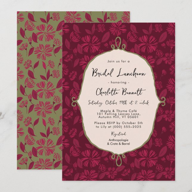Maroon Automne Floral Bridal Luncheon Invitation (Devant / Derrière)