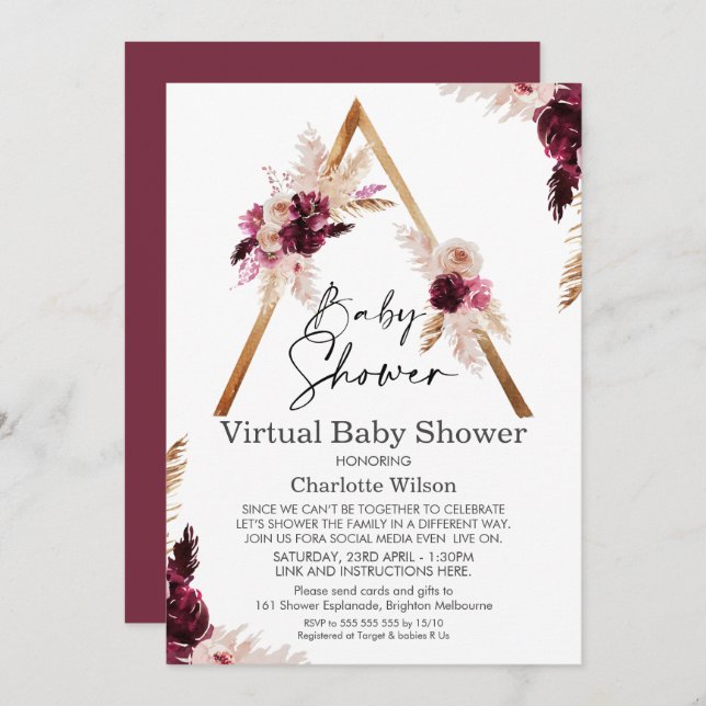 Maroon Boho Pampas Baby shower virtuel Invitation (Devant / Derrière)