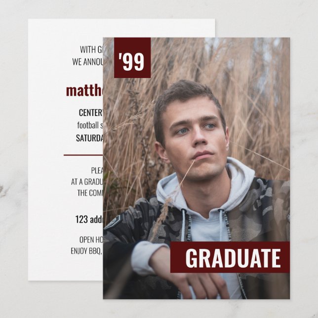 Maroon Bold & Modern Photo Graduation Invitation (Devant / Derrière)