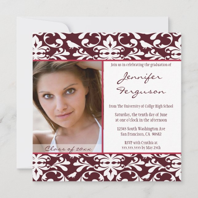 Maroon damask photo graduation faire-part (Devant)