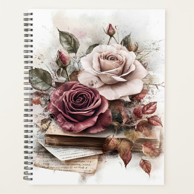 Maroon et roses blanches avec lettres et livres (Devant)