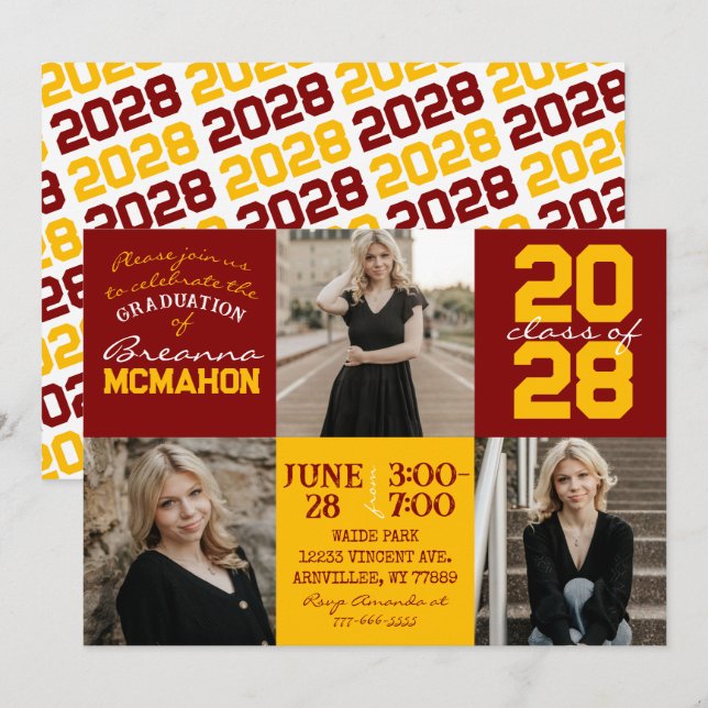 Maroon & Gold 3 Photo Graduation Invitation (Devant / Derrière)