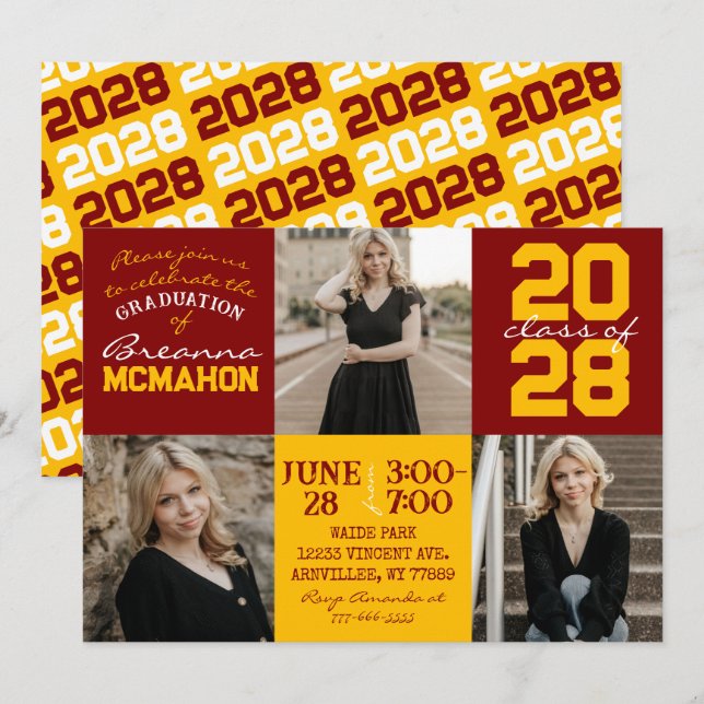 Maroon & Gold 3 Photo Graduation Invitation (Devant / Derrière)