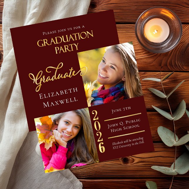 Maroon Gold Photo Faire-part de graduation | Parti (Elegant Maroon and Gold Tone Two Photo Collage Graduation Announcement and Party Invitation Combo)