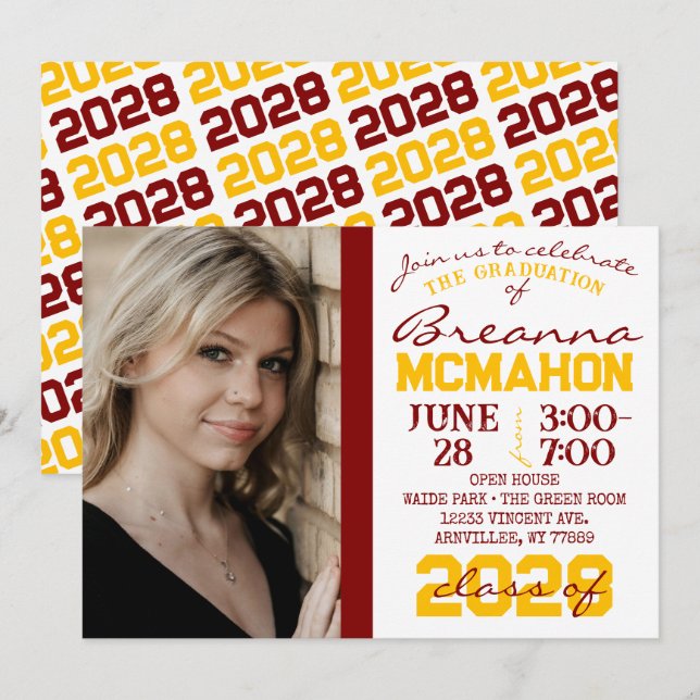 Maroon, Gold & White Graduation Photo Invitation (Devant / Derrière)