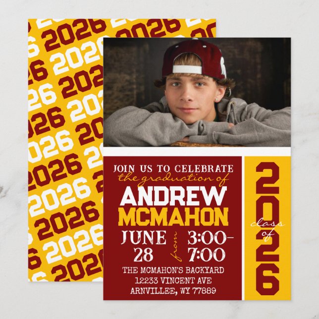 Maroon & Or Moderne Graduation Photo Invitation (Devant / Derrière)