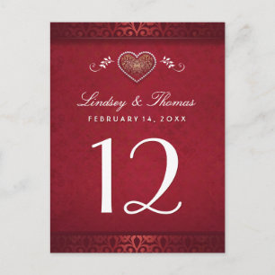 Maroon Red Floral Heart Table Numéro Cartes