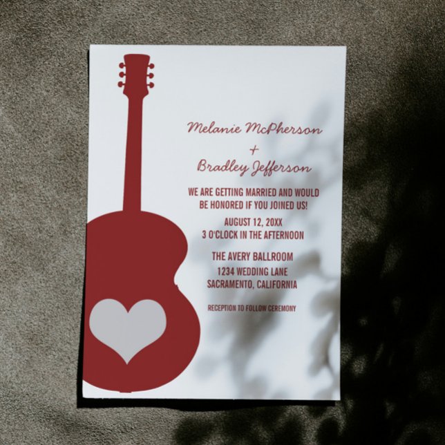 Maroon Red Guitar Heart Wedt Invitation (Maroon Red Guitar Heart Wedding Invite)