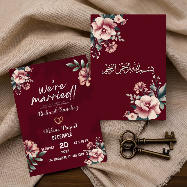 Maroon Rustique Damask Faire-part de mariage musul (Créateur téléchargé)