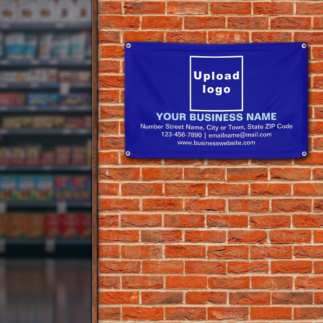 Marque commerciale centrée sur une bannière bleue (Blue banner with your business brand in center aligned style)