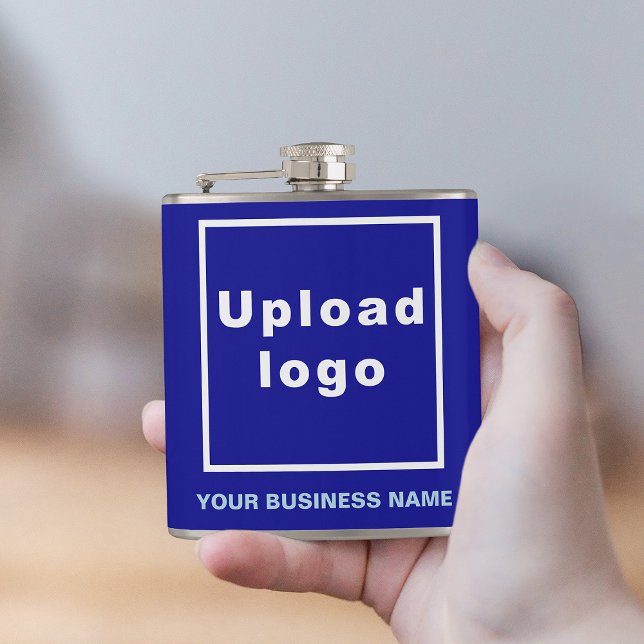 Marque d'affaires bleue sur flacon enveloppé de vi (Your business name and logo on blue vinyl wrapped flask.)