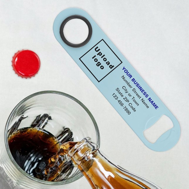 Marque d'affaires sur ouverture de bouteille bleu  (Build brand name awareness. Your business brand on light blue long bottle opener.)