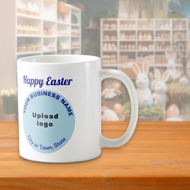 Marque Light Blue Business | Pâques | Mug (Mug with Easter greeting and light blue round shape business brand)