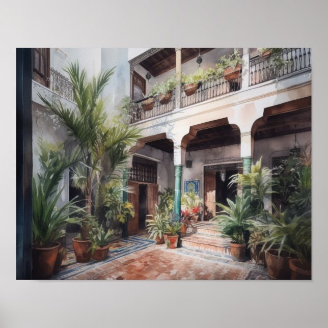 Marrakech Riad aquarelle Art Imprimer Poster (Devant)