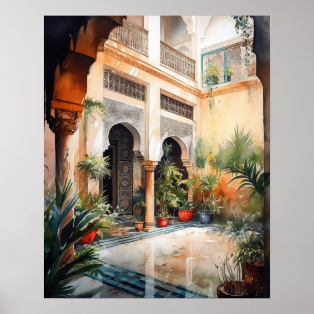 Marrakech Riad Maroc Aquarelle Art Imprimer Poster (Devant)