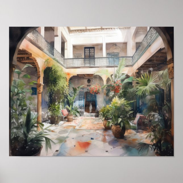 Marrakech Riad Maroc Peinture Art Imprimer Poster (Devant)