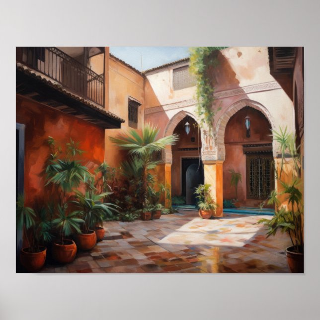 Marrakech Riad Maroc Peinture Art Imprimer Poster (Devant)