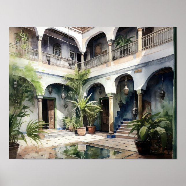 Marrakech Riad Maroc Peinture Art Imprimer Poster (Devant)