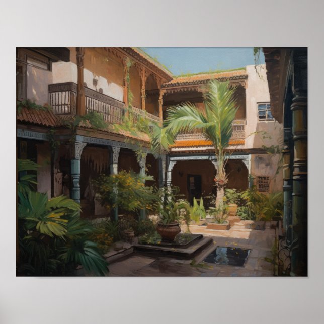 Marrakech Riad Maroc Peinture Art Imprimer Poster (Devant)