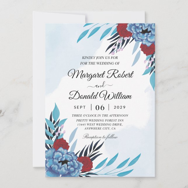 marron fleuri et faire-part de mariage turquoise (Devant)