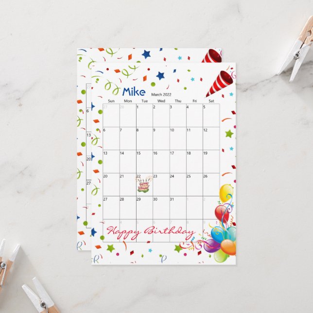 Mars 2022 Calendrier Bonne Invitation Anniversaire (Devant/Arrière en situation)