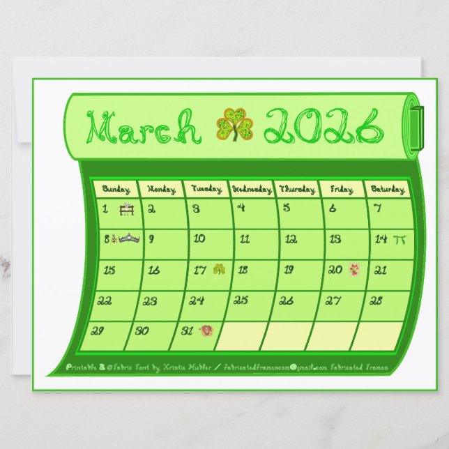 Mars 2026 Mois Vert Calendrier Tissu Police Papier (Devant)