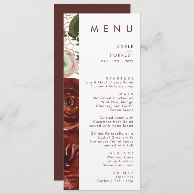 Marsala Autumn Floral | Menu du dîner Mariage blan (Devant / Derrière)