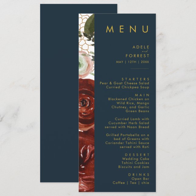 Marsala Autumn Floral | Menu du dîner Mariage de l (Devant / Derrière)