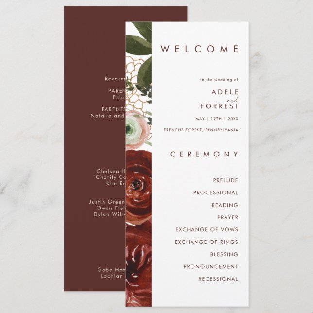 Marsala Autumn Floral | Programme de mariage blanc (Devant / Derrière)