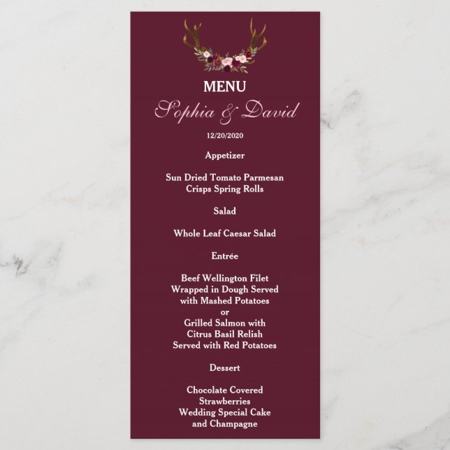 Marsala Bourgogne Floral Antlers Menu Mariage (Devant)
