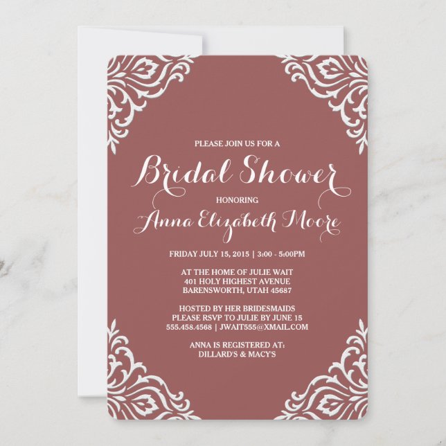 Marsala Damask Elegant Bridal Shower Invitation (Devant)