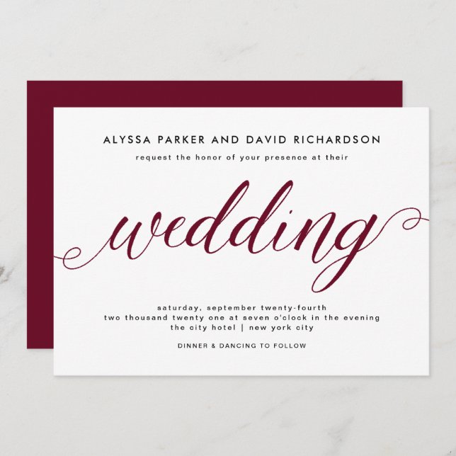 Marsala | Faire-part de mariage de script élégant (Devant / Derrière)