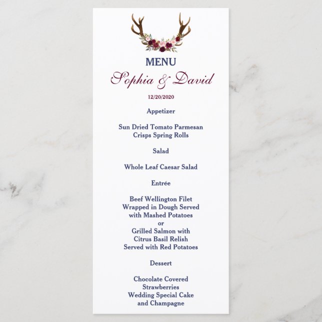 Marsala Floral Antlers Marine Blue Fall Menu (Devant)