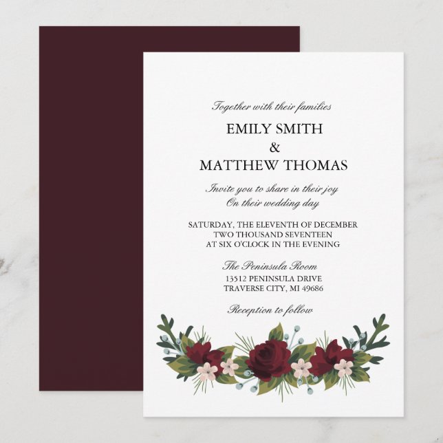 Marsala Floral Invitation de mariage d'hiver (Devant / Derrière)