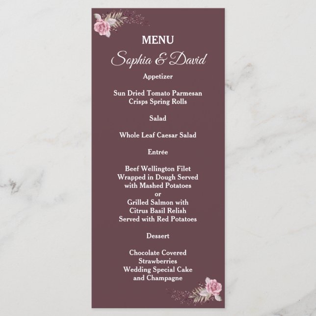 Marsala Maroon Boho Floral Mariage Menu (Devant)