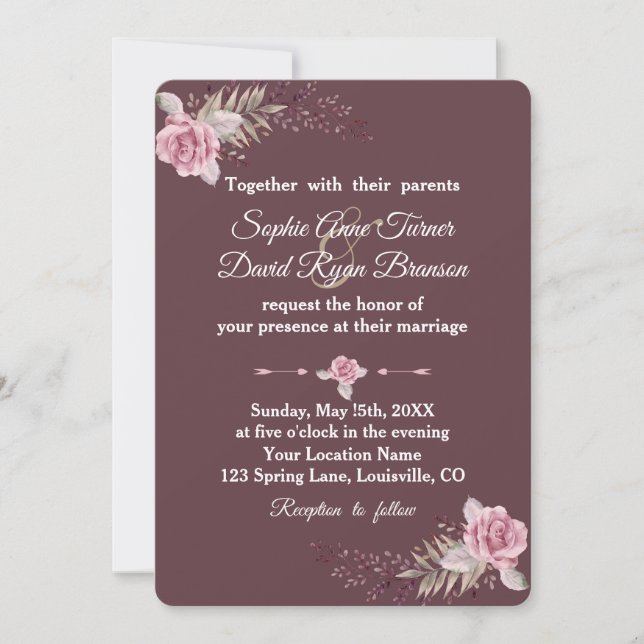 Marsala Maroon Floral Aquarelle Mariage Invitation (Devant)