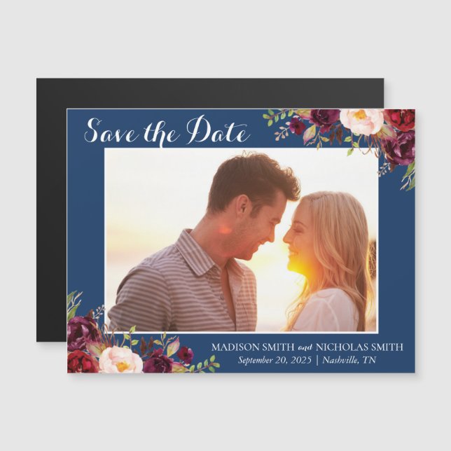 Marsala & Navy Floral Photo Save the Date Magnet (Devant / Derrière)