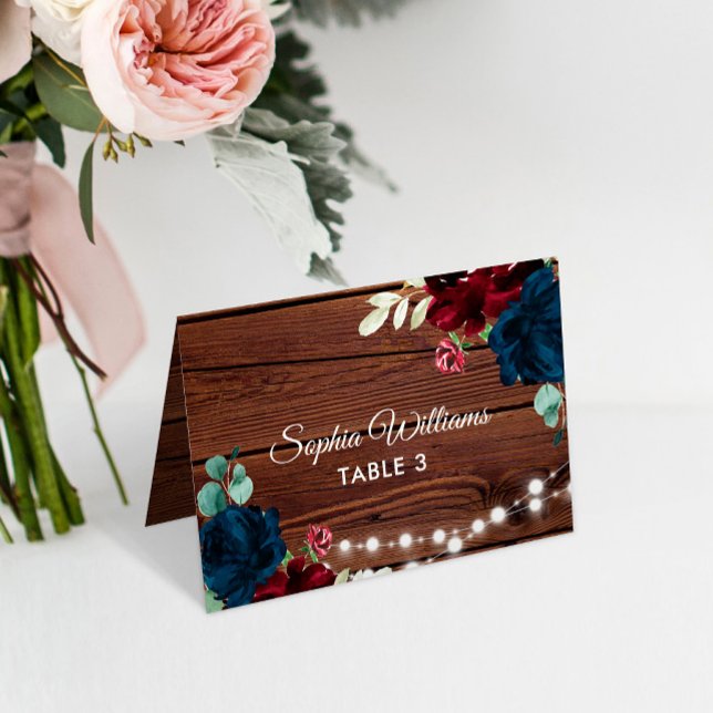 Marsala & Navy Rustic Wood Mariage Carte Place (Créateur téléchargé)