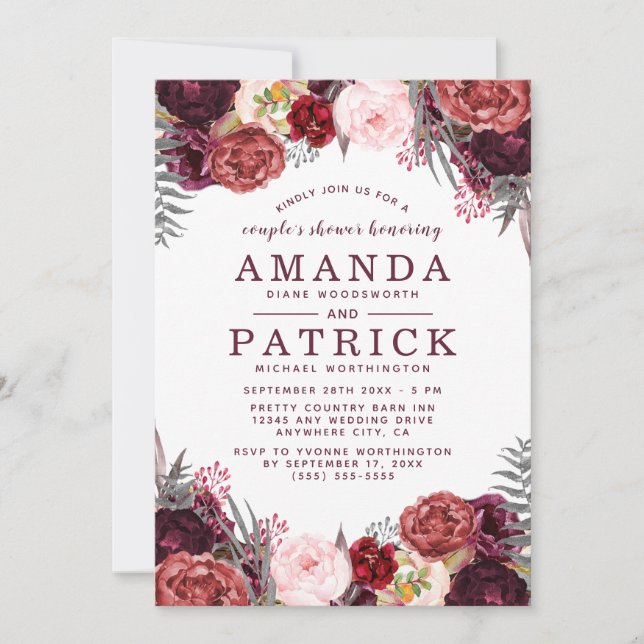 Marsala Peony Fall Boho Couples Douche Invitations (Devant)