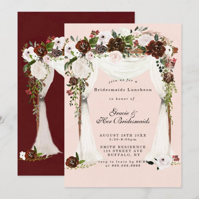 Marsala Pink Canopy Bridesmaids Luncheon Invitatio (Devant / Derrière)
